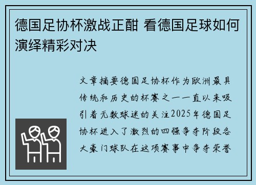 德国足协杯激战正酣 看德国足球如何演绎精彩对决